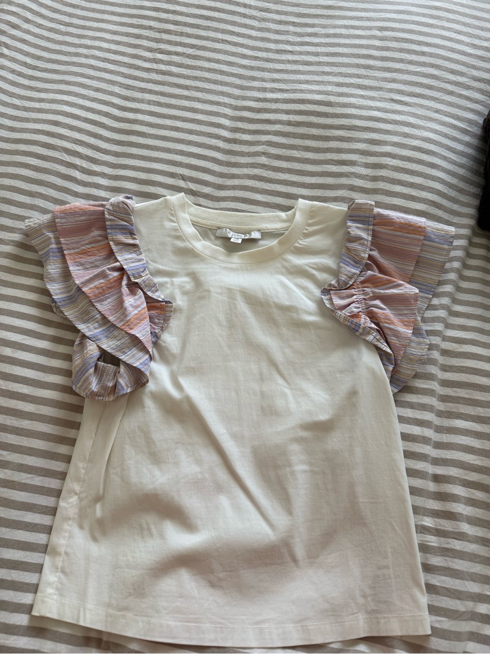 Cream Ruffle Sleeve Women’s Top with Pastel Stripe Accents